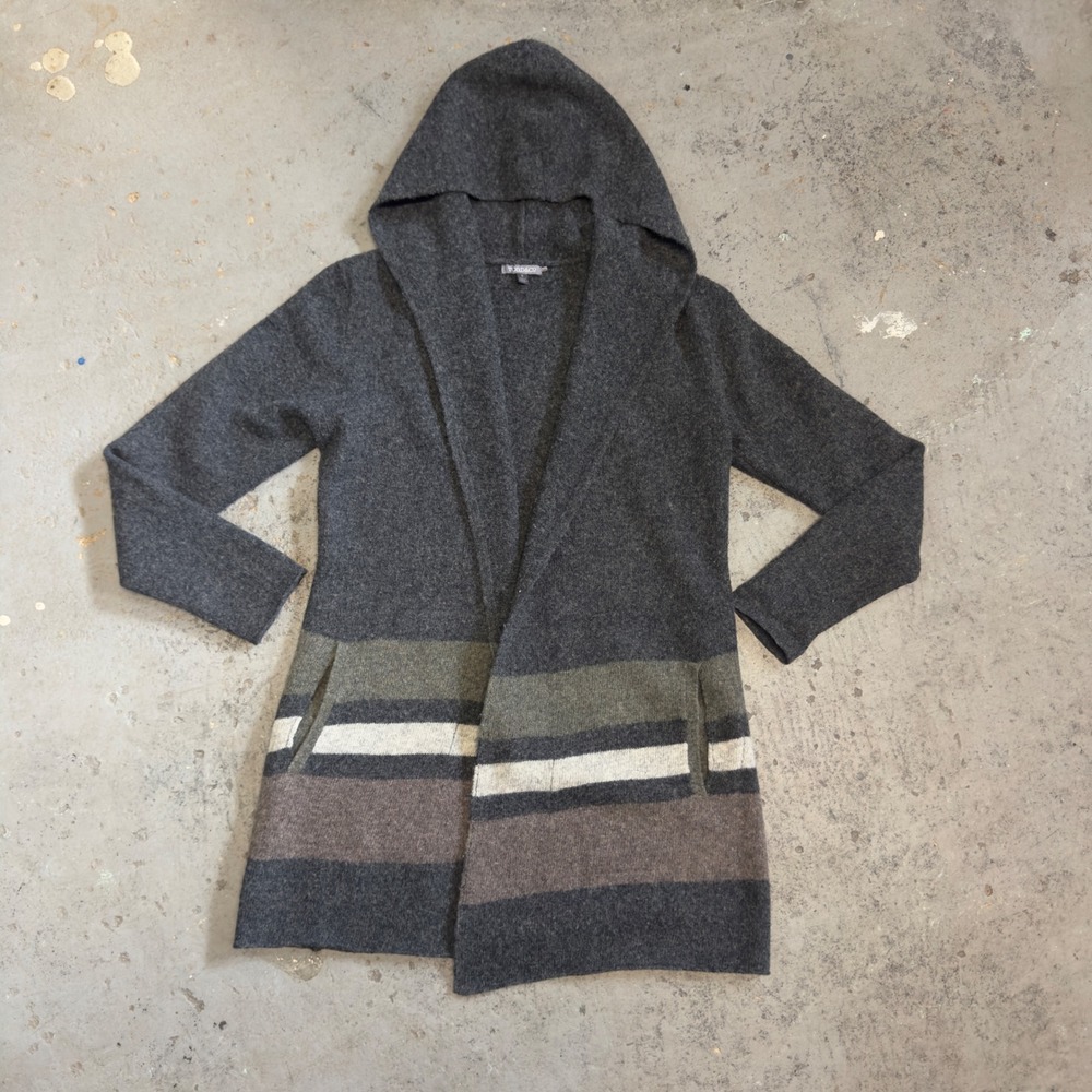 Toad&Co Merino Heartfelt Hoodie Boiled Lambswool Cardigan Gray Striped Small
